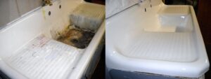 Before and after of a utility sink refinishing by Bath Refinishing Solutions Dayton in Dayton, OH
