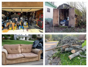 Various junk removal jobs: cluttered garage, full shed, sofa, and yard debris for Hernandez Junk Removal in Fort Worth, TX.