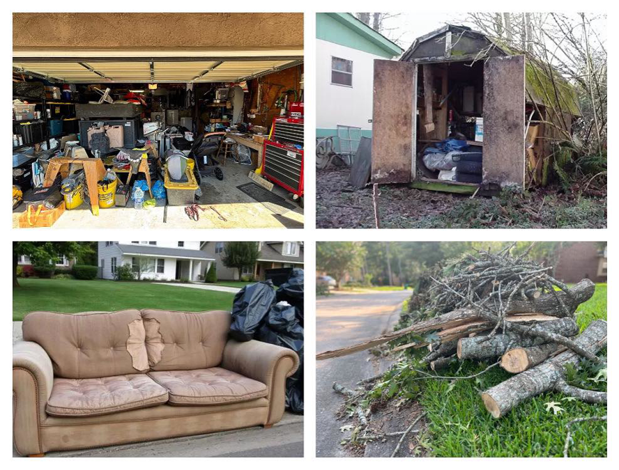 Various junk removal jobs: cluttered garage, full shed, sofa, and yard debris for Hernandez Junk Removal in Fort Worth, TX.