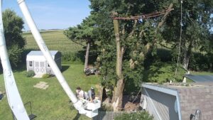 A view from a bucket lift showing workers on the ground during a tree cutting operation by Crockett's Tree Service in Lafayette, IN.