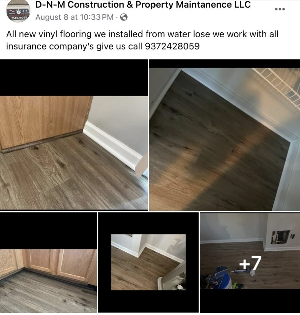 A collage showing new vinyl flooring installation after water damage repair by D-N-M Construction & Property Maintanence LLC in Dayton, OH.