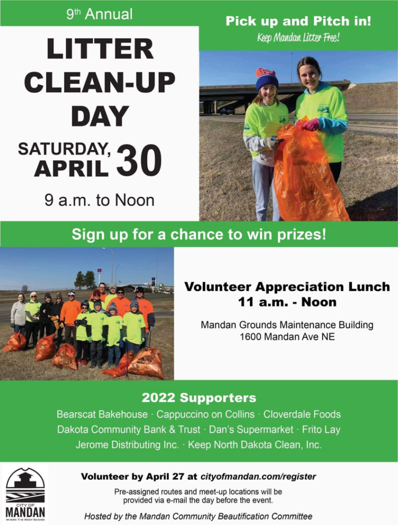 Volunteers collecting litter in orange bags during a clean-up event for North Dakota Solid Waste Recycling Association in Bismarck, ND.