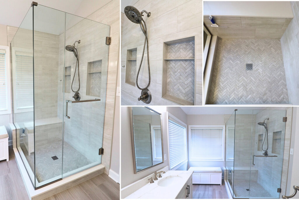 A collage of a walk-in shower remodel with a glass enclosure, tiled walls, and herringbone pattern floor by The Bath Shop in Raleigh, NC.