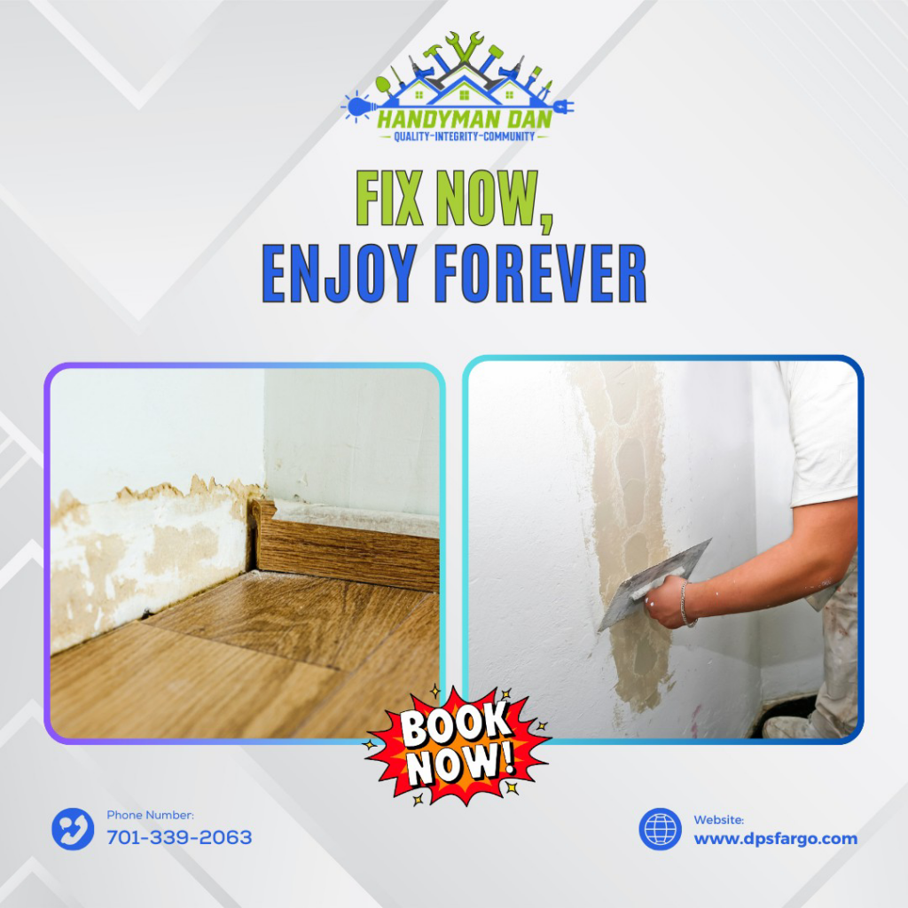 A handyman repairing a damaged wall and baseboard, applying plaster, a service from Handyman Dan in West Fargo, ND.