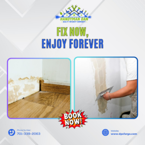 A handyman repairing a damaged wall and baseboard, applying plaster, a service from Handyman Dan in West Fargo, ND.