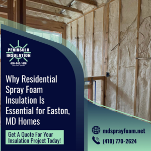 Spray foam insulation applied to wall studs with visible plumbing pipes by Peninsula Insulation, LLC in Easton, MD.