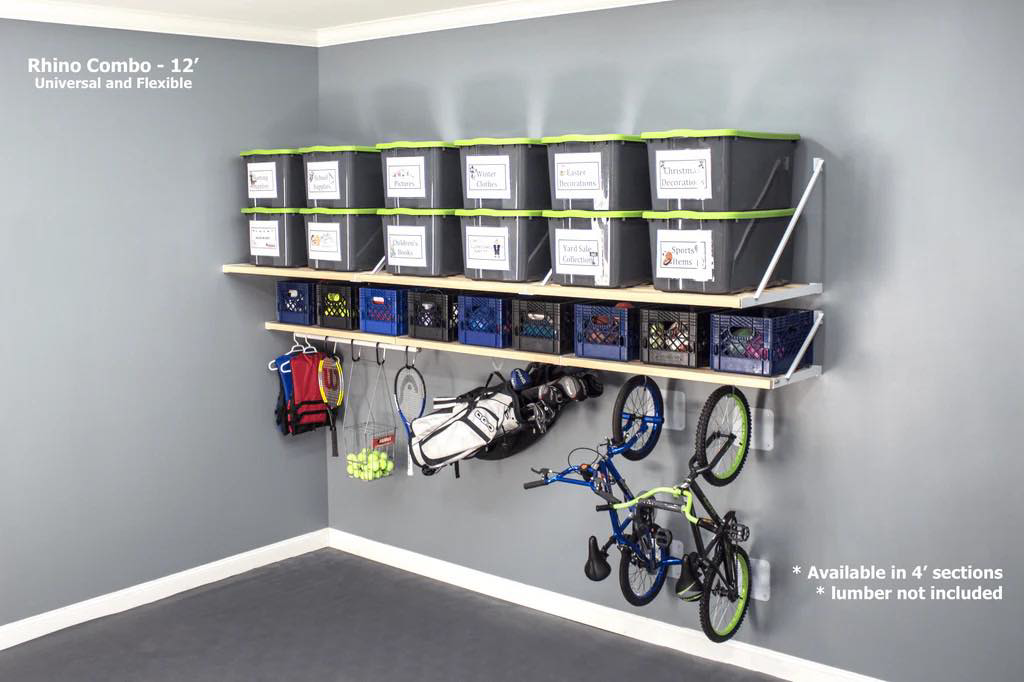 Installed wall-mounted garage shelving with storage bins and a hanging bike rack by Bend Garage Storage Solutions in Bend, OR