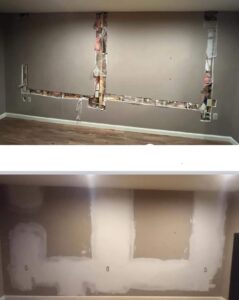 Before and after photos of a wall repair, showing exposed studs and the patched wall by N. Bennecoff Drywall & Plaster in Lancaster, PA.