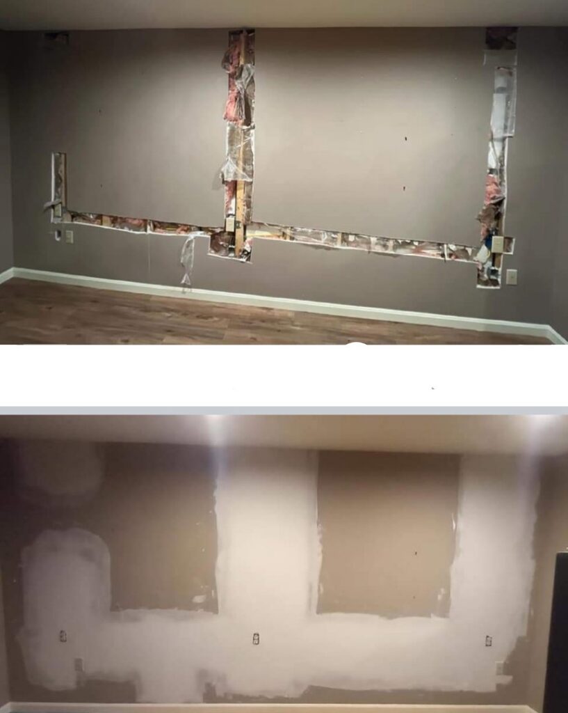 Before and after photos of a wall repair, showing exposed studs and the patched wall by N. Bennecoff Drywall & Plaster in Lancaster, PA.