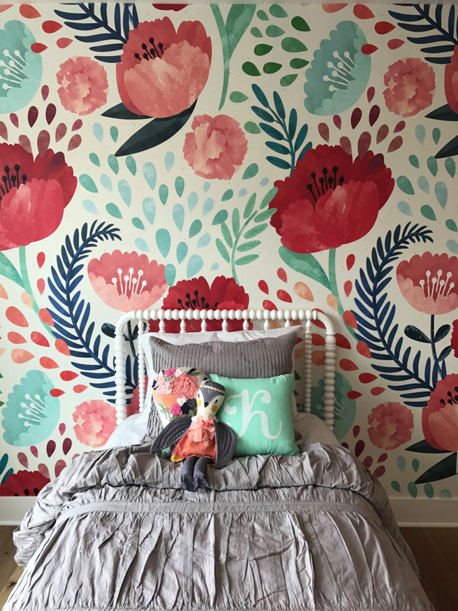 Vibrant floral wallpaper installation in a child's bedroom by T. Wheeler Homes, LLC in Salem, OR