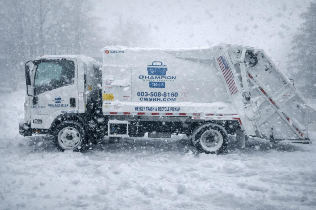 A Champion Waste Services waste collection truck operating in the snow in Londonderry, NH.
