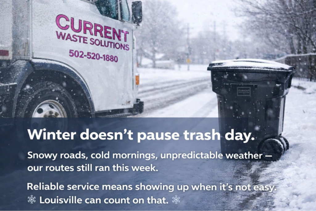 A Current Waste Solutions truck collecting trash from a bin on a snowy road in Louisville, KY, demonstrating reliable service.
