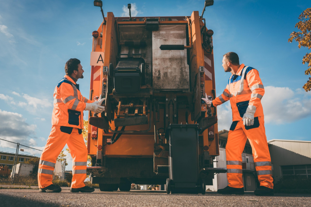Waste collection workers operating a garbage truck, representing junk removal services by JUNK Monster in Santa Ana, CA.