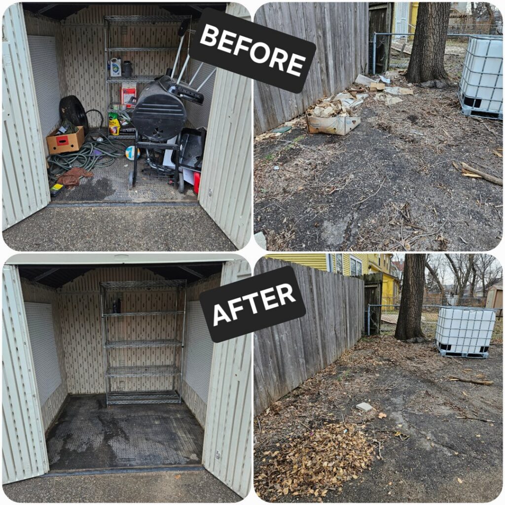 Before and after photos showing a cluttered shed and messy yard transformed by Waste Warrior cleanout services in Wichita, KS.