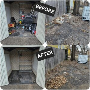 Before and after photos showing a cluttered shed and messy yard transformed by Waste Warrior cleanout services in Wichita, KS.