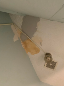 A water-damaged ceiling with peeling paint and stains, indicating a need for repair from PG Painting and Contracting Services in Cincinnati, OH.