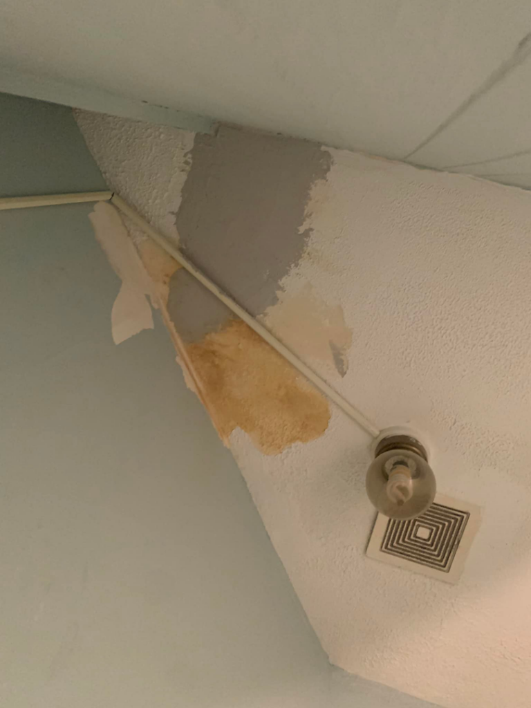 A water-damaged ceiling with peeling paint and stains, indicating a need for repair from PG Painting and Contracting Services in Cincinnati, OH.