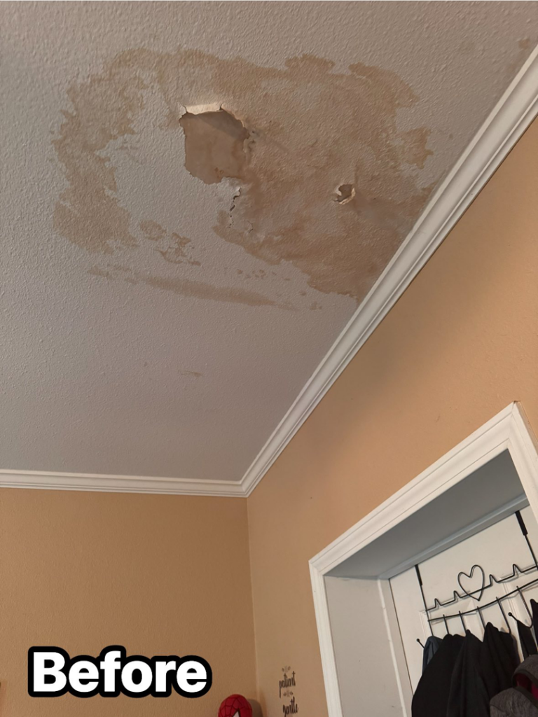 Water-damaged ceiling with peeling paint and stains, showing the 'Before' state for a handyman service by KDB Roofing & Construction in Tulsa, OK