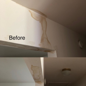 A ceiling with visible water stains before repair by AJS Contracting & Improvements LLC in Toms River, NJ.