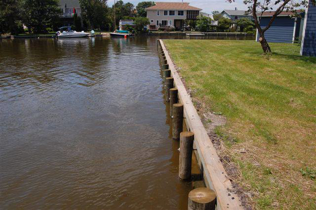 A well-maintained wooden seawall protecting a grassy waterfront property, installed by Spence Marine Construction Inc. in Virginia Beach, VA.