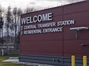 A welcome sign for the Central Transfer Station Residential Entrance by Anchorage Solid Waste Services in Anchorage, AK.