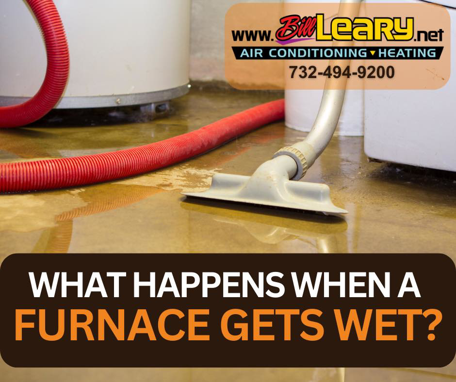 Water damage on floor near furnace, a common repair service by Bill Leary Air Conditioning & Heating in Metuchen, NJ.
