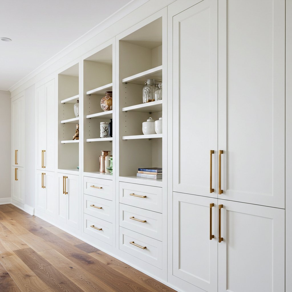 Long wall of white custom built-in cabinets and open shelving with gold hardware by Corkery Customs & Remodeling LLC in Philadelphia, PA