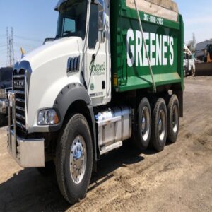 A white dump truck with a green bed from Greene's Roll Off Service in Indianapolis, IN.