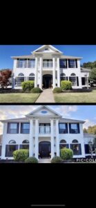 Before and after of a large white house showing window replacement by Pro 1 Windows and Doors in Rockwall, TX