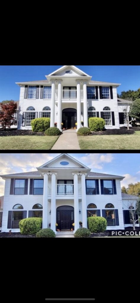 Before and after of a large white house showing window replacement by Pro 1 Windows and Doors in Rockwall, TX