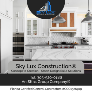 A white modern kitchen remodel with hexagonal tile backsplash by SK 11 Group, Inc. in Miami, FL.