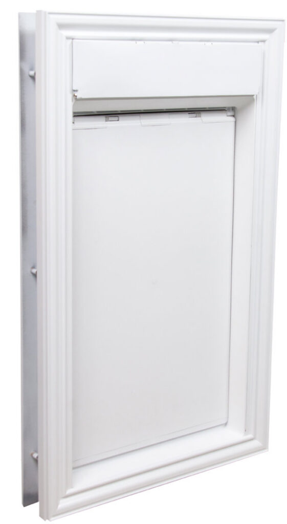 A white pet door, ready for professional installation by Invisible Fence of Middle Tennessee in Nashville, TN.