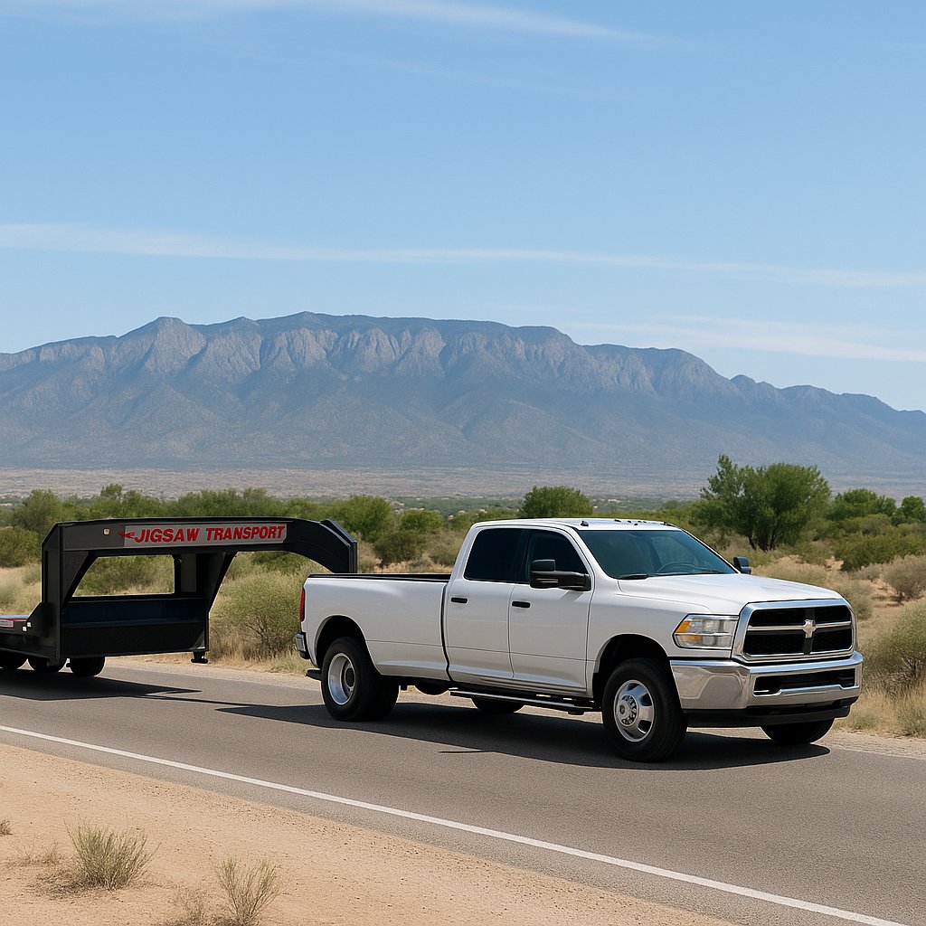 A white pickup truck towing an empty black dump trailer for Jigsaw Transport and Waste, ready for junk removal in Albuquerque, NM.
