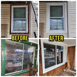Before and after comparison of new window installation by Del Rey Properties LLC in Dearborn, MI.