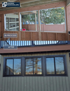 In-process and after view of new window installation on an enclosed porch by Superior Remodelers in Newtown, CT.