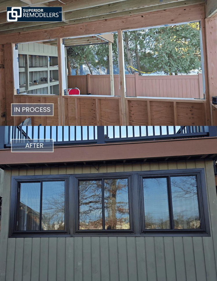 In-process and after view of new window installation on an enclosed porch by Superior Remodelers in Newtown, CT.
