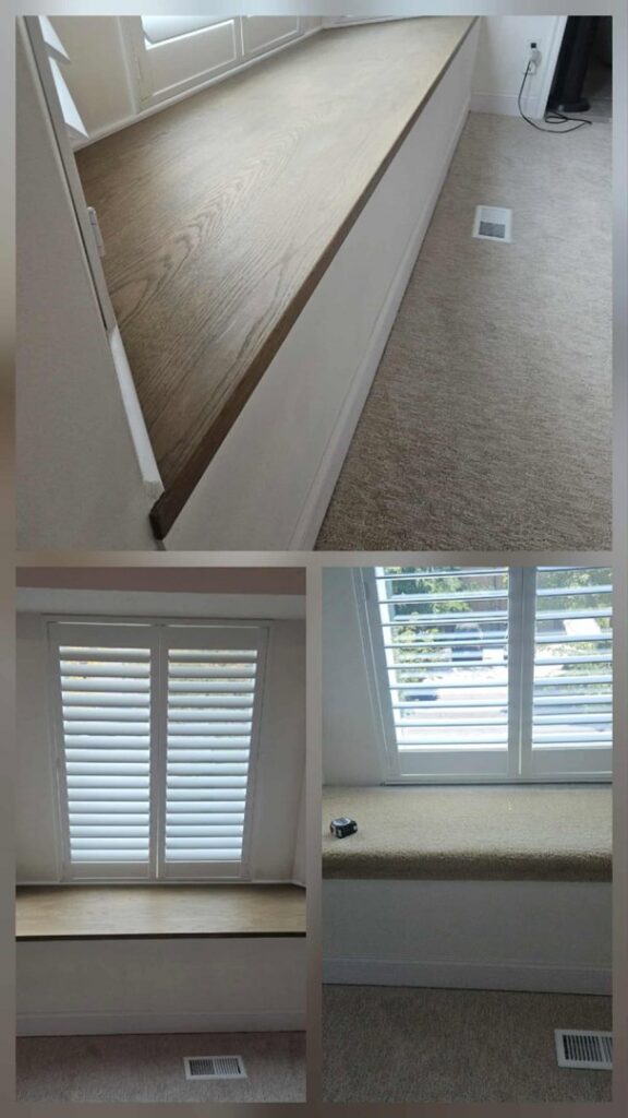 Before and after photos of a custom window seat and bench installation by Honeycomb Handyman Services in Salt Lake City, UT.