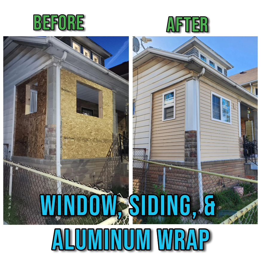 Before and after of a house exterior showing new window, siding, and aluminum wrap installation by Del Rey Properties LLC in Dearborn, MI.