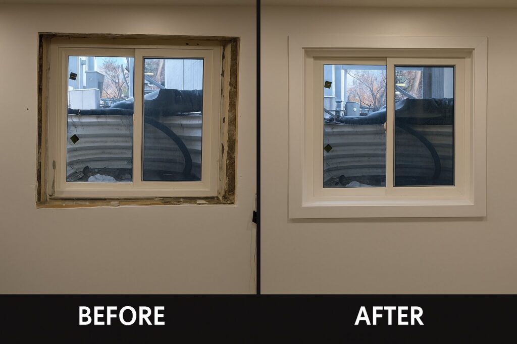 Before and after of a window trim installation by SurePlan Handyman in North Ogden, UT
