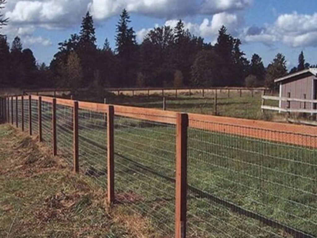 A long wire mesh fence with wooden posts and top rail, showcasing fence installation by Steven's Deck and Fence Staining Columbus, GA.