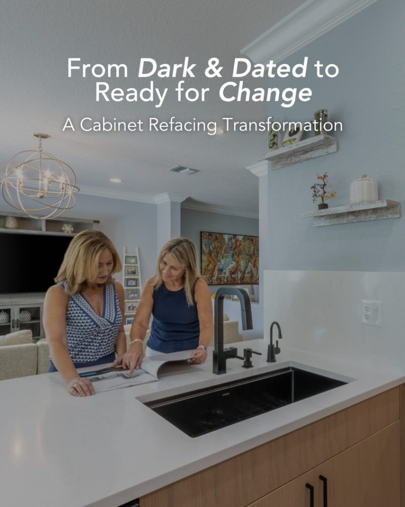 Two women reviewing kitchen renovation plans for a cabinet refacing transformation with Kitchen Tune-Up Watertown, MA