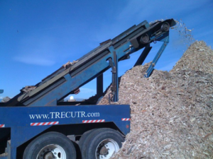A close-up view of a wood chipper's conveyor belt expelling wood chips for Aesthetic Tree Service in Denver, CO.