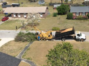 An aerial view of a wood chipper and dump truck in operation, with a worker feeding branches for cleanup by State Tree Services, Inc in Sumter, SC.