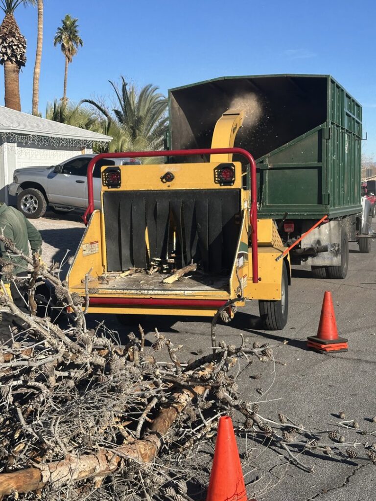 A powerful wood chipper in action, processing tree branches after a tree service job by Rocky's Tree Service in Las Vegas, NV.