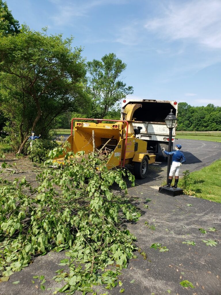 A wood chipper processing a pile of tree branches with a chip truck in the background, by Clyde's Tree Service in Indianapolis, IN.