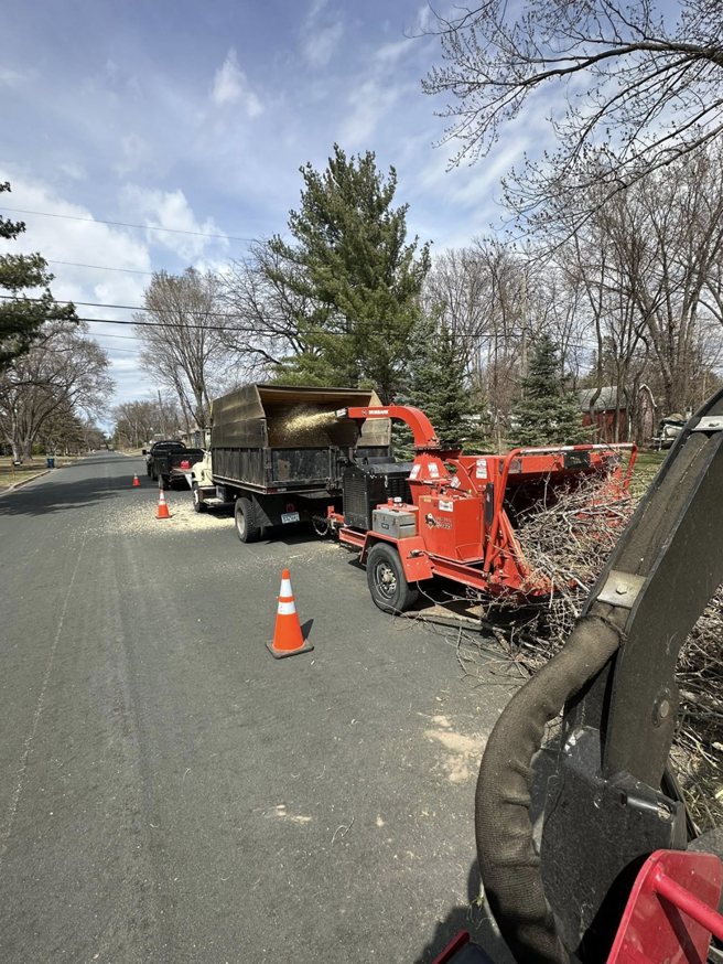 A wood chipper processes tree branches into a dump truck on a residential street by Rooted Treeworks in Plymouth, MN.