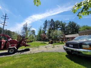 A wood chipper, dump truck, and stump grinder on a driveway with tree debris after a service by Dave's Tree & Stump Removal LLC in Parma, OH.
