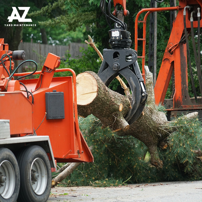 A large wood chipper processing tree branches during a tree removal service by Arizona Yard Maintenance in Apache Junction, AZ.