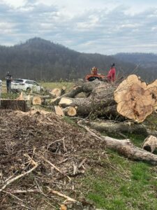 A wood chipper processing tree debris after a service by Juarez Tree Service in Bawcomville, LA.