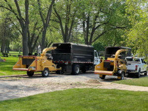 Two wood chippers and dump trucks are parked, ready for debris removal by Canopy Cops Tree Service LLC in Appleton, WI.